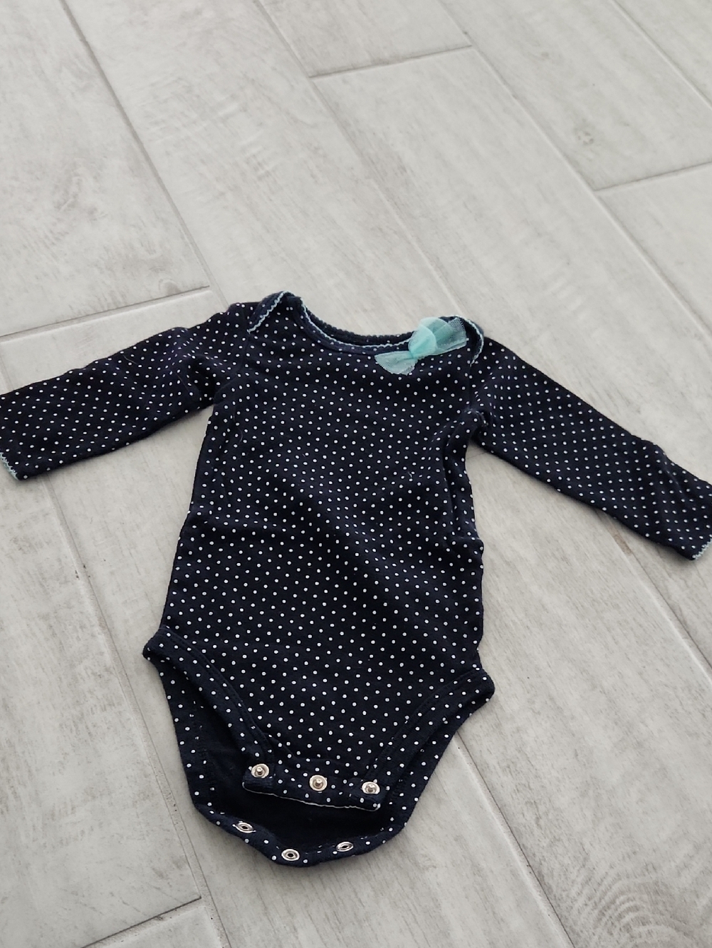 Carter's Navy and White Polka Dot Long Sleeve Baby Bodysuit with Mint Bow